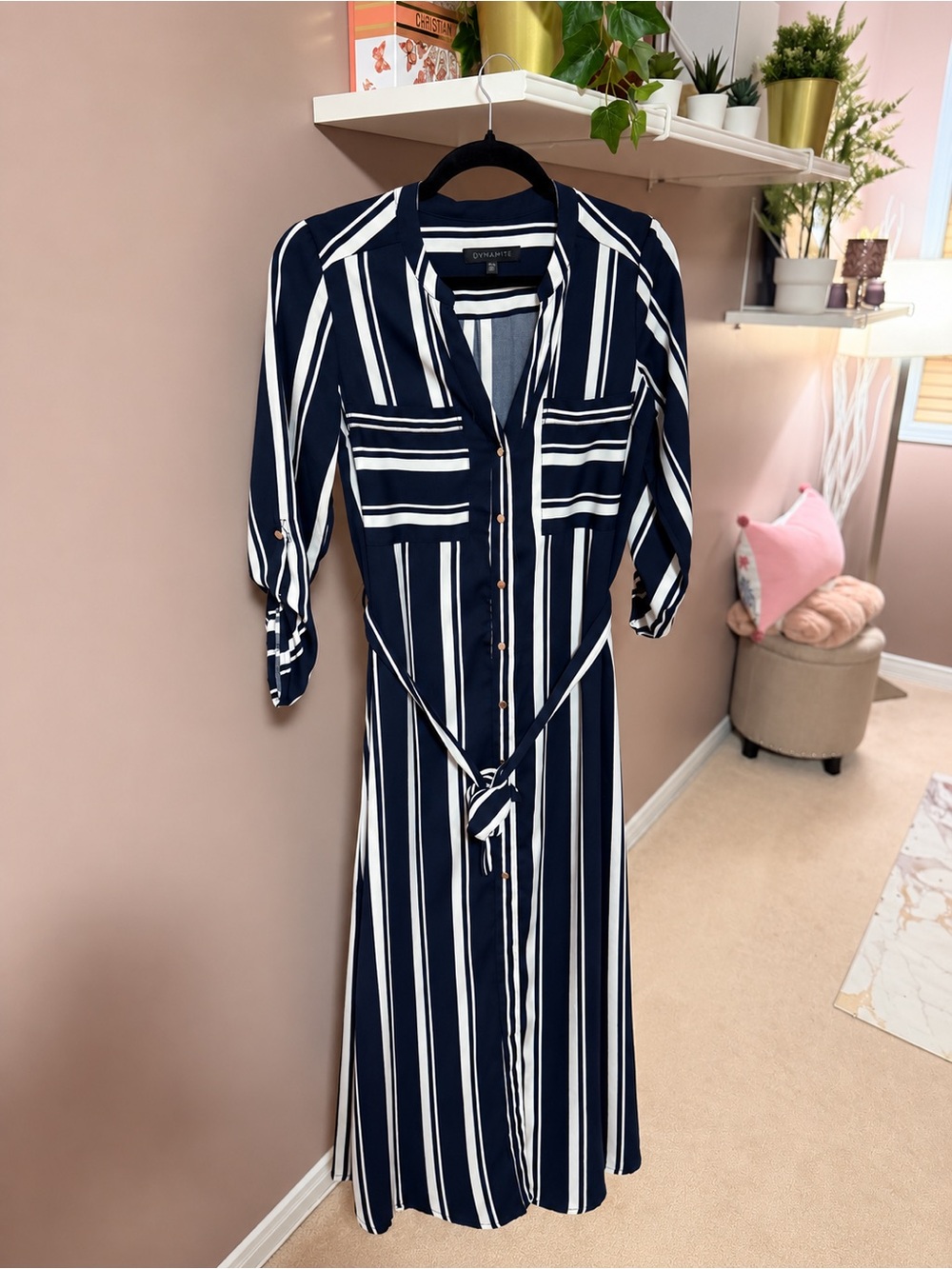 Dynamite Navy & White Vertical Stripe Maxi Shirt Dress